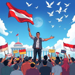 A vibrant and dynamic illustration depicting the voice of democracy in Indonesia, represented by a powerful figure standing confidently in front of a diverse crowd