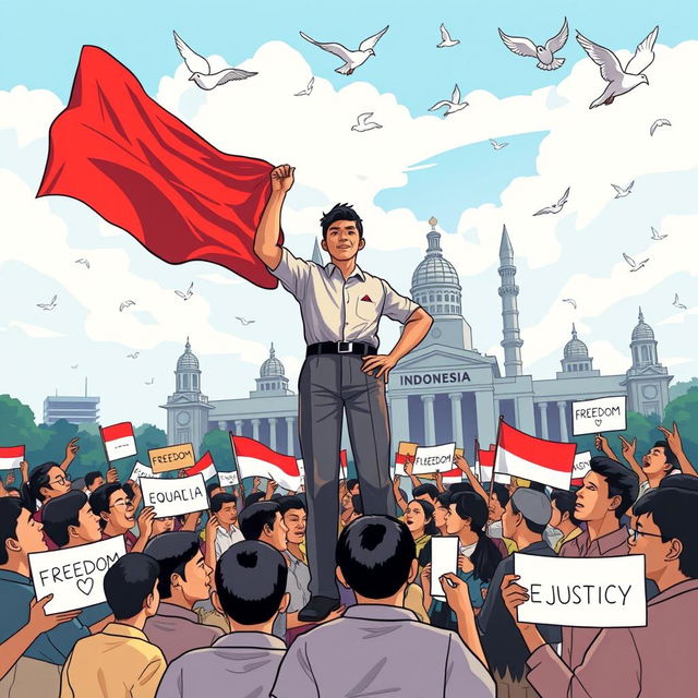 A vibrant and dynamic illustration depicting the voice of democracy in Indonesia, represented by a powerful figure standing confidently in front of a diverse crowd