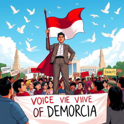 A vibrant and dynamic illustration depicting the voice of democracy in Indonesia, represented by a powerful figure standing confidently in front of a diverse crowd