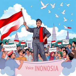 A vibrant and dynamic illustration depicting the voice of democracy in Indonesia, represented by a powerful figure standing confidently in front of a diverse crowd