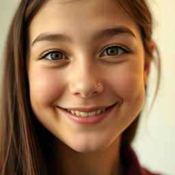 A close-up portrait of a young adult with a small gold dot nose pin adorning a delicate and charming nose