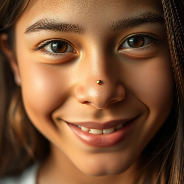 A close-up portrait of a young adult with a small gold dot nose pin adorning a delicate and charming nose