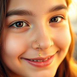 A close-up portrait of a young adult with a small gold dot nose pin adorning a delicate and charming nose