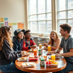 A warm and inviting scene of four diverse students sitting together around a lunch table in a bright cafeteria