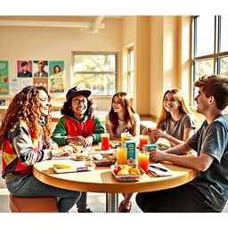 A warm and inviting scene of four diverse students sitting together around a lunch table in a bright cafeteria