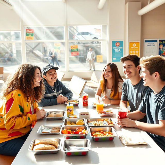 A warm and inviting scene of four diverse students sitting together around a lunch table in a bright cafeteria