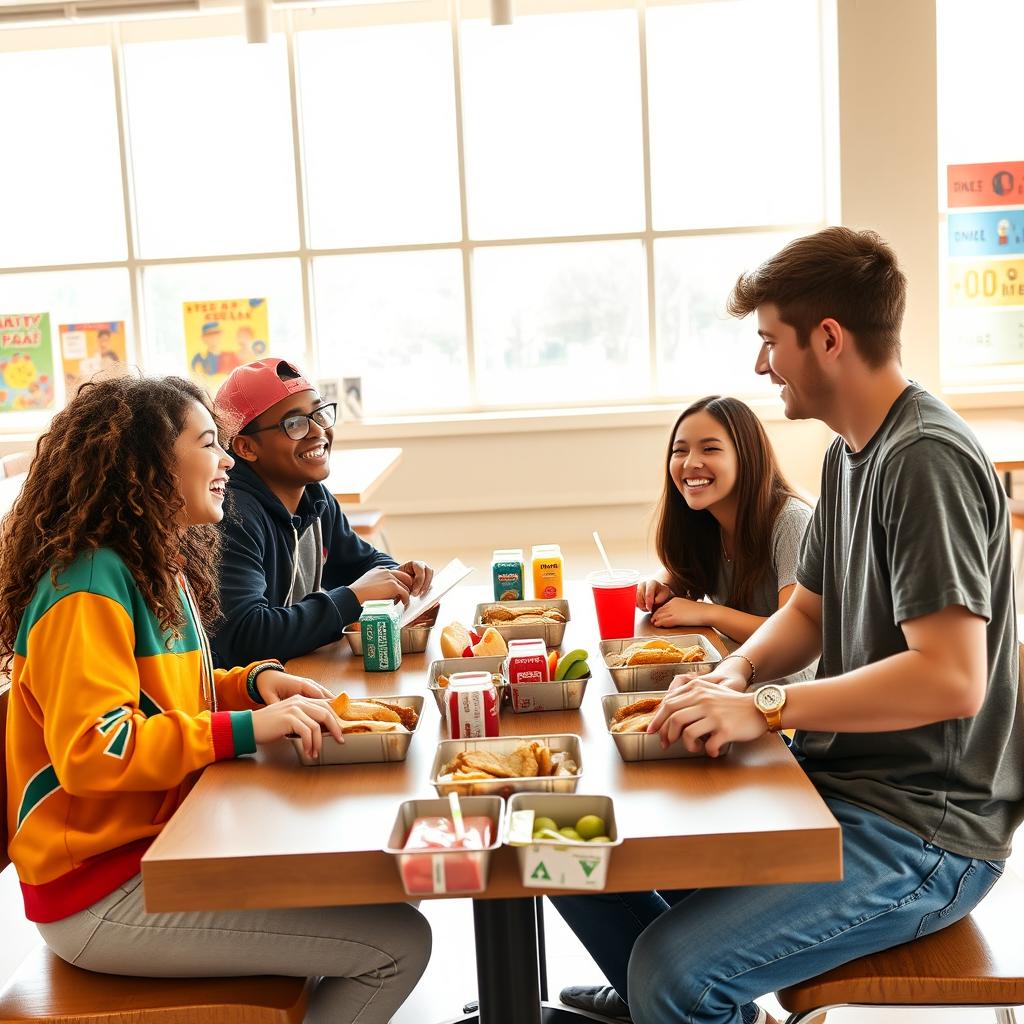 A warm and inviting scene of four diverse students sitting together around a lunch table in a bright cafeteria