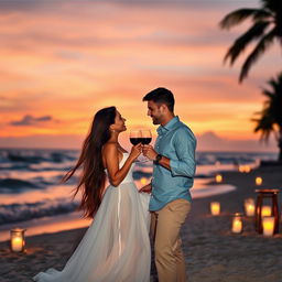 A romantic and intimate scene featuring a couple enjoying a candlelit dinner by the beach at sunset