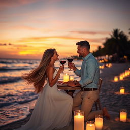 A romantic and intimate scene featuring a couple enjoying a candlelit dinner by the beach at sunset