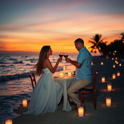 A romantic and intimate scene featuring a couple enjoying a candlelit dinner by the beach at sunset