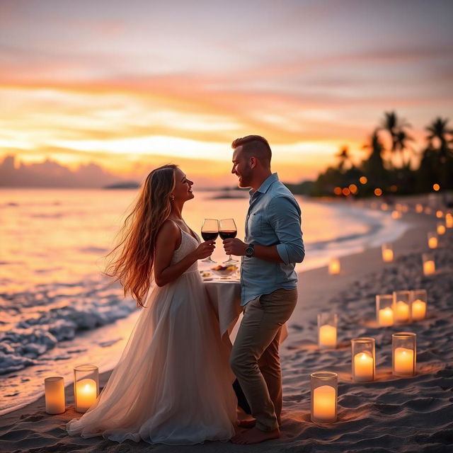 A romantic and intimate scene featuring a couple enjoying a candlelit dinner by the beach at sunset