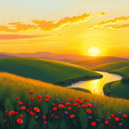 A serene impressionistic landscape scene that embodies a warm feeling