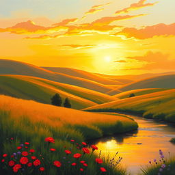 A serene impressionistic landscape scene that embodies a warm feeling