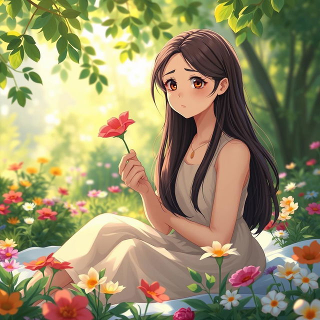 A serene scene depicting a young woman with a puzzled expression, surrounded by a peaceful natural setting