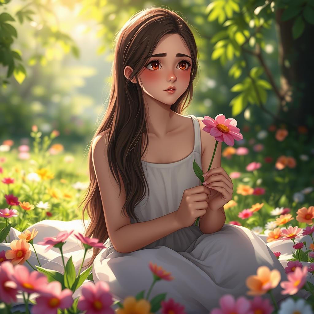 A serene scene depicting a young woman with a puzzled expression, surrounded by a peaceful natural setting