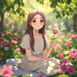 A serene scene depicting a young woman with a puzzled expression, surrounded by a peaceful natural setting