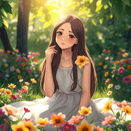 A serene scene depicting a young woman with a puzzled expression, surrounded by a peaceful natural setting