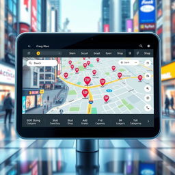 An abstract digital map screen on a futuristic device, showcasing online shopping locations around a vibrant city