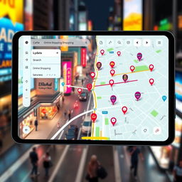 An abstract digital map screen on a futuristic device, showcasing online shopping locations around a vibrant city