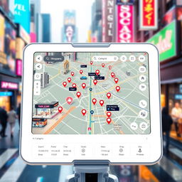 An abstract digital map screen on a futuristic device, showcasing online shopping locations around a vibrant city