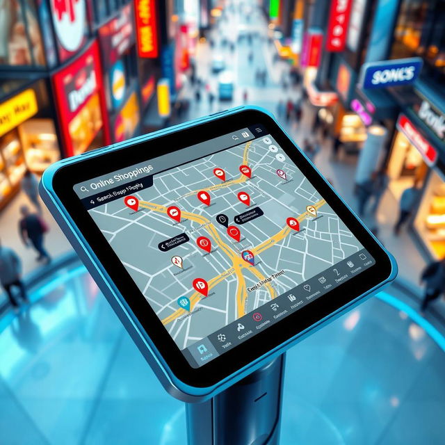 An abstract digital map screen on a futuristic device, showcasing online shopping locations around a vibrant city