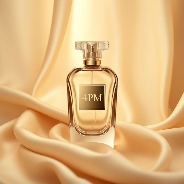 A sophisticated product design photo of a perfume bottle, branded '4PM'