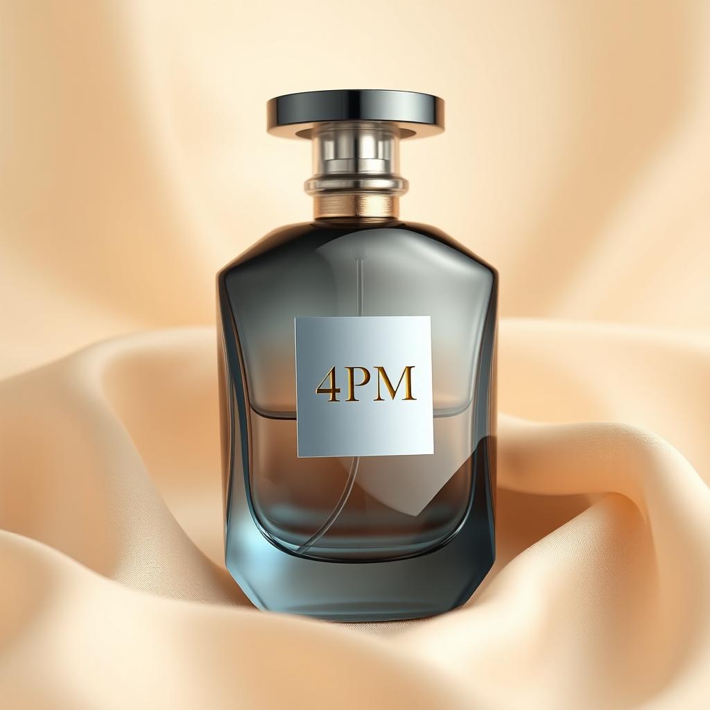 A sophisticated product design photo of a perfume bottle, branded '4PM'