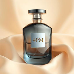 A sophisticated product design photo of a perfume bottle, branded '4PM'