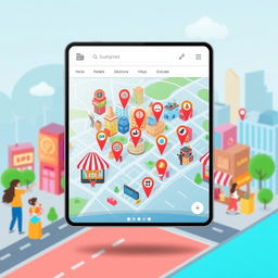 A digital interface displaying an online shopping location map, featuring a vibrant city scene with highlighted shopping areas