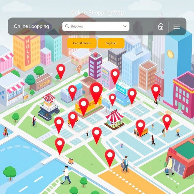 A digital interface displaying an online shopping location map, featuring a vibrant city scene with highlighted shopping areas