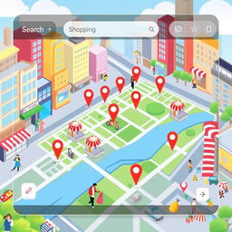 A digital interface displaying an online shopping location map, featuring a vibrant city scene with highlighted shopping areas