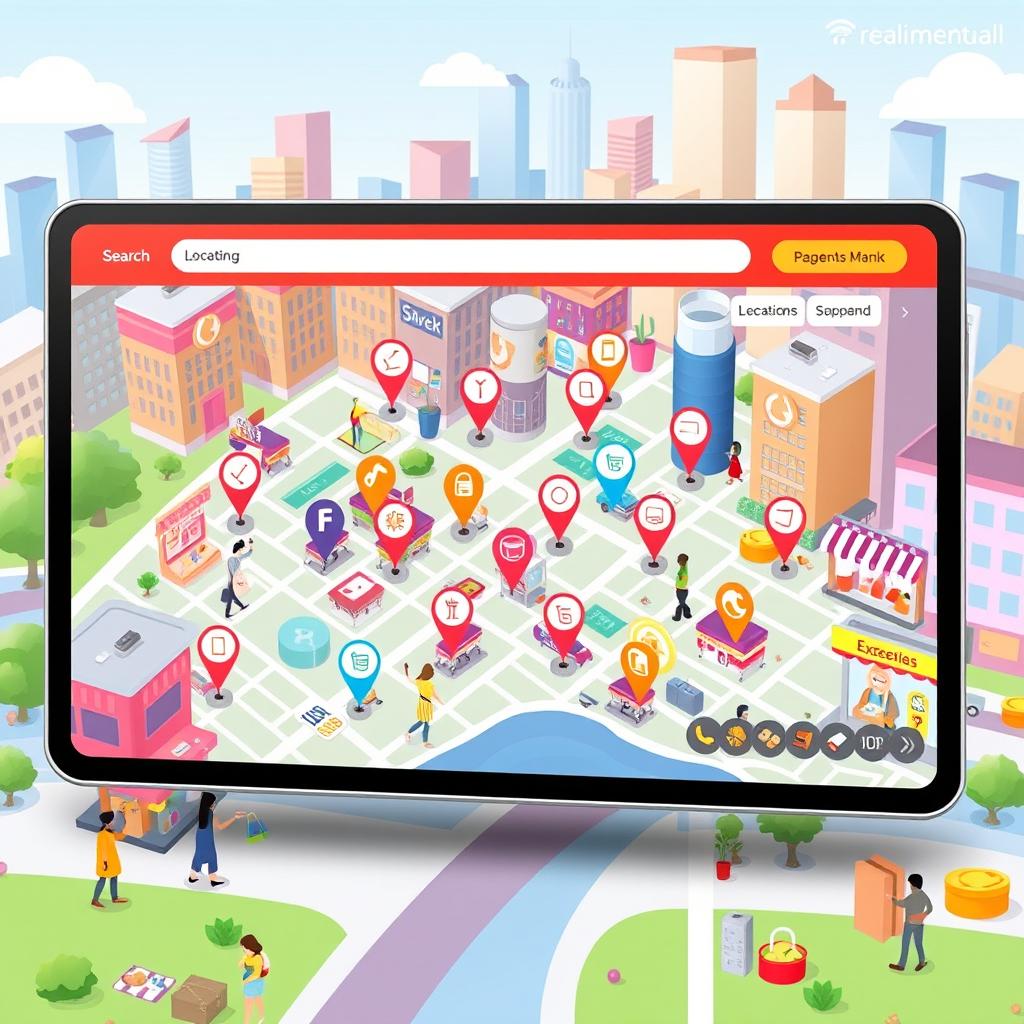 A digital interface displaying an online shopping location map, featuring a vibrant city scene with highlighted shopping areas