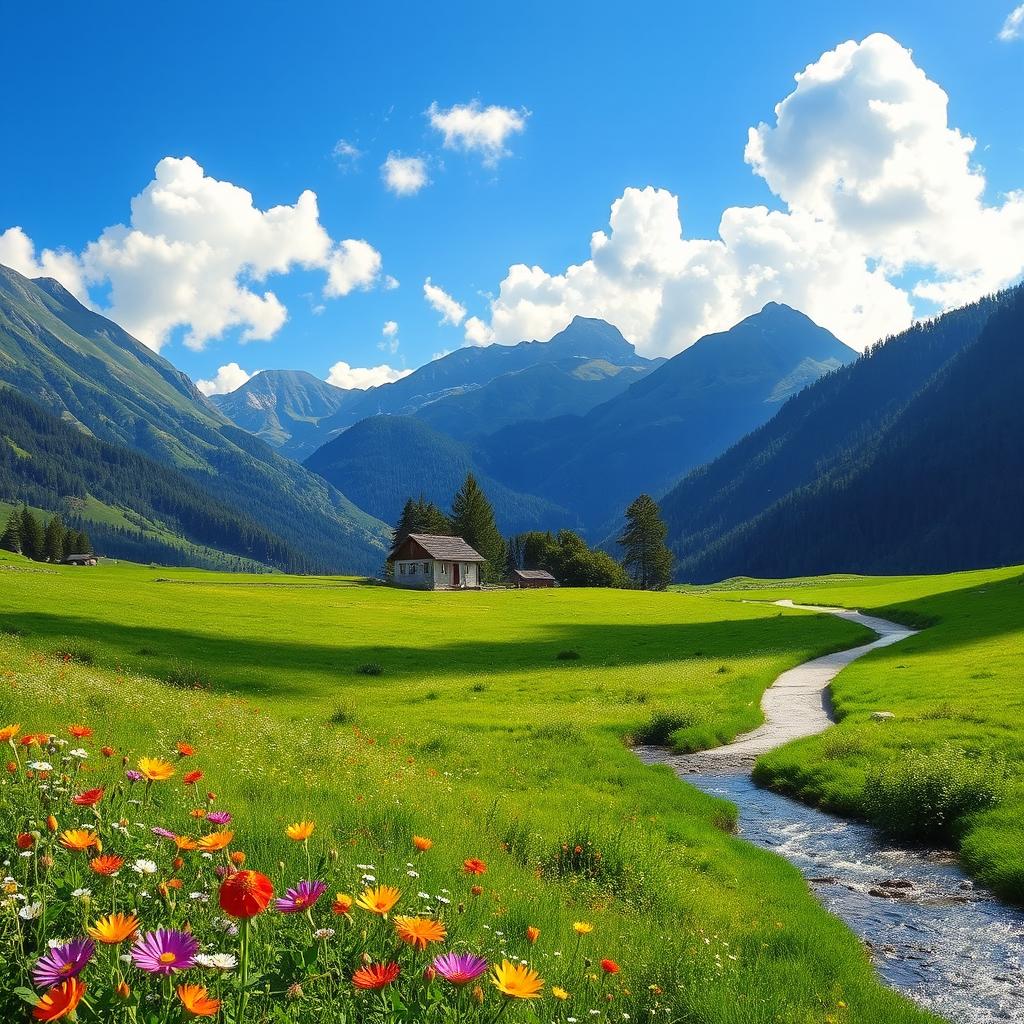 A serene and picturesque landscape depicting a tranquil location, such as a lush green valley surrounded by mountains