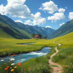 A serene and picturesque landscape depicting a tranquil location, such as a lush green valley surrounded by mountains