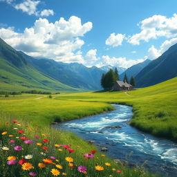 A serene and picturesque landscape depicting a tranquil location, such as a lush green valley surrounded by mountains