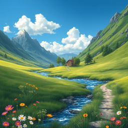 A serene and picturesque landscape depicting a tranquil location, such as a lush green valley surrounded by mountains