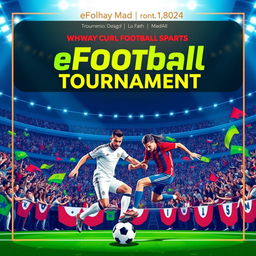 A vibrant eFootball tournament banner featuring an exciting atmosphere filled with enthusiastic fans