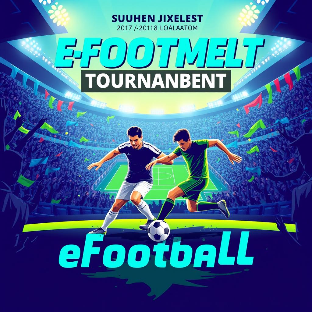 A vibrant eFootball tournament banner featuring an exciting atmosphere filled with enthusiastic fans