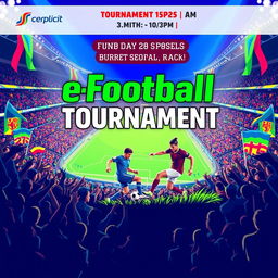 A vibrant eFootball tournament banner featuring an exciting atmosphere filled with enthusiastic fans