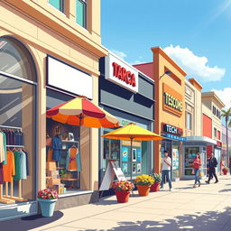 A detailed and vibrant storefront scene showcasing a variety of retail locations