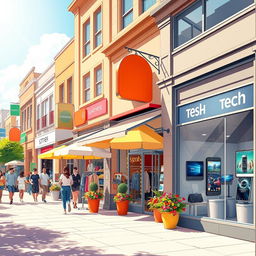 A detailed and vibrant storefront scene showcasing a variety of retail locations