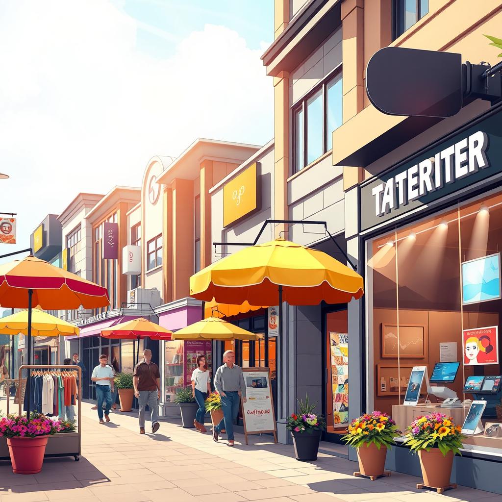 A detailed and vibrant storefront scene showcasing a variety of retail locations