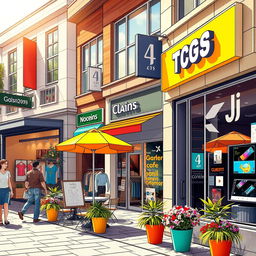 A detailed and vibrant storefront scene showcasing a variety of retail locations