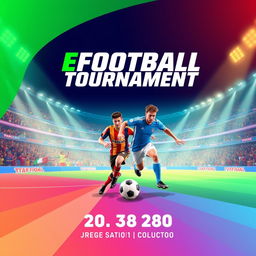 A vibrant and dynamic eFootball tournament banner, featuring a dramatic backdrop of a packed stadium filled with cheering fans