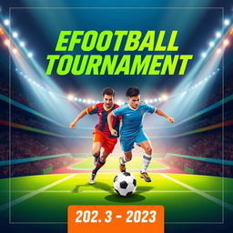 A vibrant and dynamic eFootball tournament banner, featuring a dramatic backdrop of a packed stadium filled with cheering fans