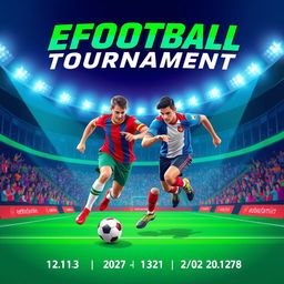 A vibrant and dynamic eFootball tournament banner, featuring a dramatic backdrop of a packed stadium filled with cheering fans