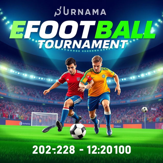 A vibrant and dynamic eFootball tournament banner, featuring a dramatic backdrop of a packed stadium filled with cheering fans