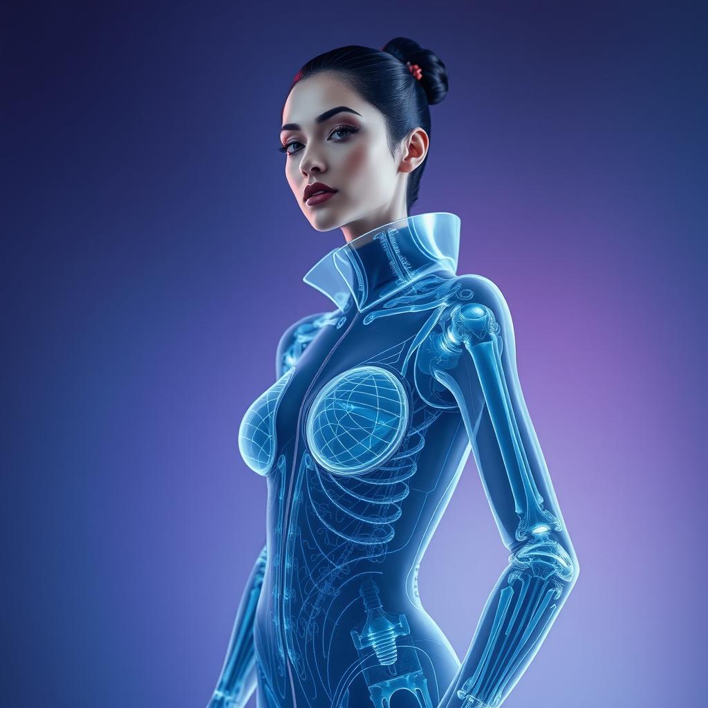 A surrealist artwork depicting a woman wearing a futuristic outfit that appears X-ray transparent, revealing a stylized inner structure of the garment