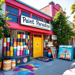 A vibrant and inviting paint store exterior, showcasing a colorful facade with large windows displaying an array of paint cans in various hues