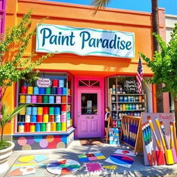 A vibrant and inviting paint store exterior, showcasing a colorful facade with large windows displaying an array of paint cans in various hues